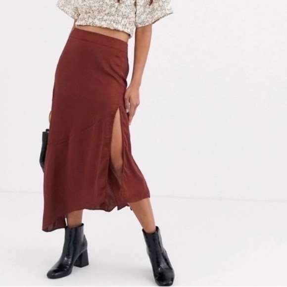 Free People Dresses & Skirts - Free People Lola Brown Satin Feel Midi Skirt Size 2